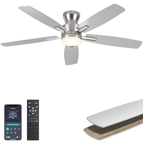 Image of Ohniyou Ceiling Fans with Lights, 52'' Ceiling Fan with Light and Remote/APP Control, Modern Flush Mount Ceiling Fan for Indoor Bedroom Living Room, Dimmable, Qiuet DC Motor, Silver