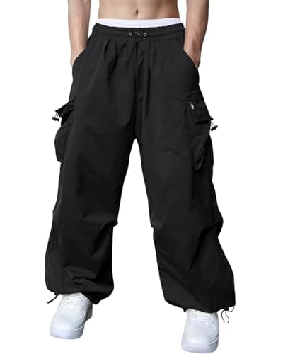 Image of FEDTOSING Parachute Cargo Trousers for Men Wide Leg Baggy Sweatpants Casual Black Cargo Pants with Pocket Hip Hop Trousers
