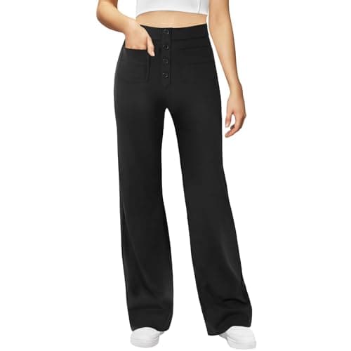Image of Fjquamitix Yoga Pants for Women High Waist Wide Leg Straight Trousers Stretchy Leggings with Pockets Women Work Trousers 4 Buttons Decorative Casual Pants (UK, Alpha, M, Regular, Regular, Black)