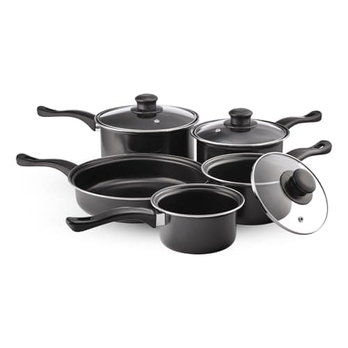 Image of Value Plus Pendeford Cookware Set | Non-Stick Carbon Steel Pans, Tempered Glass Heat Resistant Lids | Easy Clean, Lightweight, Dishwasher Safe | For All Hobs Except Induction, Multi-Colour