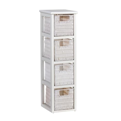 Image of Home Source Bathroom Chest of Drawers, 4 White PE Rattan Storage Baskets, Painted Wooden Frame, 67cm