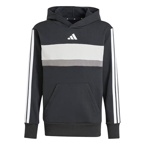 Image of adidas Unisex Kids SEASONAL ESSENTIALS TIBERIO 3 STRIPES FLEECE HOODIE, black/white/grey two, 13-14 Years
