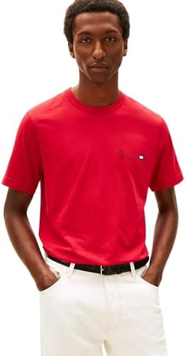 Image of Tommy Hilfiger Men’s Short Sleeve Round Neck Small Crest Outline T-Shirt, Red (Medium Red), XL