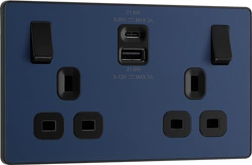 Image of BG Electrical 22W Double Switched Power Wall Plug Socket with Fast Charge Type A and Type C USB Charging Ports, Evolve, Matt Blue, 13A, PCDDB22UAC22B