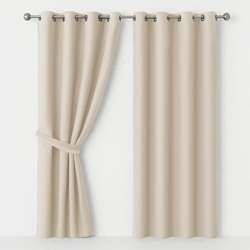 Image of AMEHA Blackout Eyelet Curtains for Bedroom Black Out Cream Curtains Thermal Insulated Ring Top Window Treatment Short Curtain 46X54 Inch 2 Panels with Tiebacks