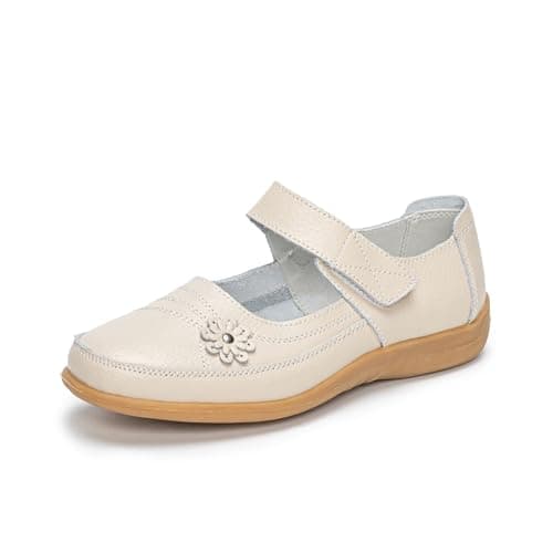 Image of Rusffes Womens Leather Mary Jane Shoes Ladies Wide Fit Flat Shoes Casual Work Office Nurse Shoes Beige 4uk
