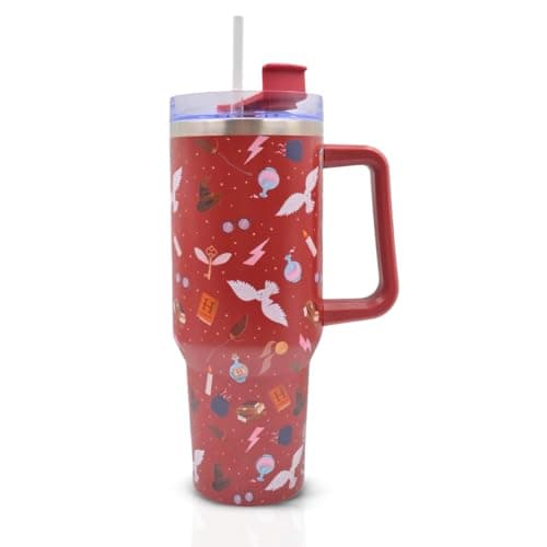 Image of Harry Potter Insulated Stainless Steel Mug 1200ml with Handle & Straw Hogwarts Icons Design, Double‑Walled Travel Tumbler for Hot & Cold Drinks - Cold 17Hrs or Hot for 5Hrs, Red