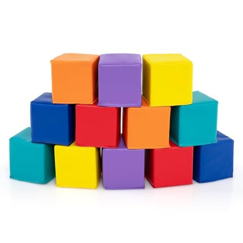 Image of COSTWAY 12Pcs Soft Play Foam Blocks, 14x14cm Soft Building Stacking Cubes, Indoor Construction Learning Toys for Baby Toddler Kid (Warm Colour)