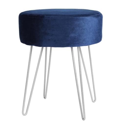 Image of Harbour Housewares Velvet Round Foot Stool - Blue with Silver Legs - Small Modern Dressing Table Pouffe Footstool Vanity Seats Vanity Chairs Footstools for Living Room, Bedroom