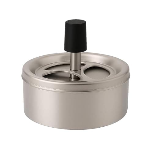 Image of OrionMart Stainless Steel Tabletop Push Down Cigarette Spinning Ashtray with Lids | Windproof and Odor Free Cool Ashtray | For Home Indoors and Outdoors (Silver)