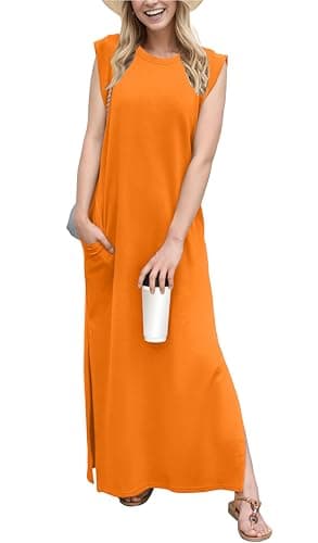 Image of GRECERELLE Summer Maxi Dress Wedding Guest Maternity Party Casual Shirt Elegant Sleeveless Dresses for Ladies with Split and Pockets (Vibrant Orange,M)