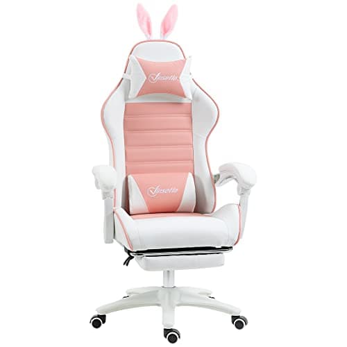Image of Vinsetto Reclining Racing Gaming Chair with Headrest and Lumber Support, PU Leather Computer Chair with Removable Rabbit Ears, Footrest, Pink