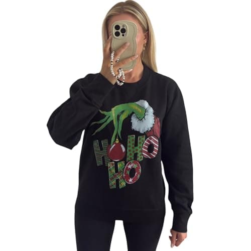 Image of Crazy Fashion Womens Long Sleeve Merry Christmas Slogan Print Xmas Sweatshirt Ladies Round Neck Christmas Tree Jumper Top Pull Over (Ho Ho Ho Print Black, 12-14)