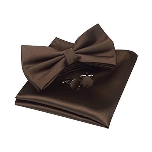 Image of Mens Brown Bow Tie Solid Wedding Pre-tied Bowtie and Pocket Square Cufflink Set (UK0570-22)
