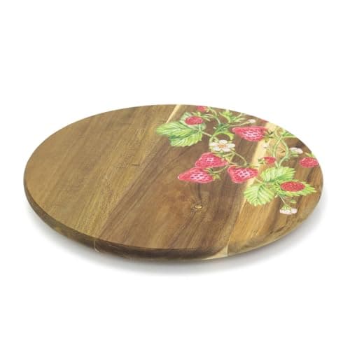 Image of Strawberry Wooden Lazy Susan | Acacia Wood Lazy Susan Turntable Revolving Serving Tray | Round Wild Strawberry Print Rotating Serving Platter - 35cm