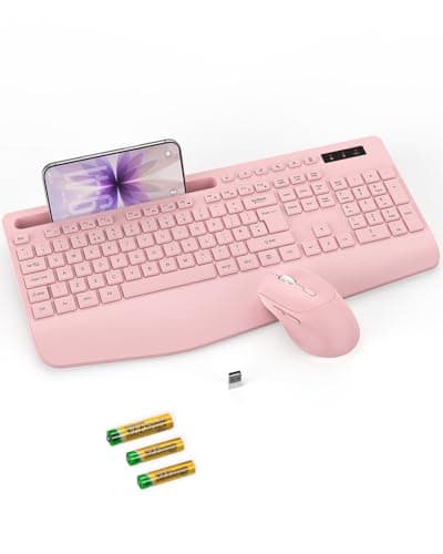 Image of SABLUTE KM23D Wireless Keyboard and Mouse Set, 2.4G Ergonomic Cordless Set with Wrist Rest, Phone Holder, Batteries Included, Lag-Free Silent Combo for Laptop, PC, Mac, Windows - Pink