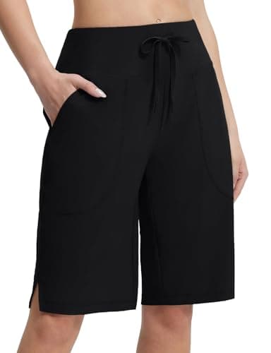 Image of baleaf Women's 11" Bermuda Swim Shorts High Waisted Beach Board Shorts with Pockets Quick Dry Drawstring Swimming Bottoms Black L