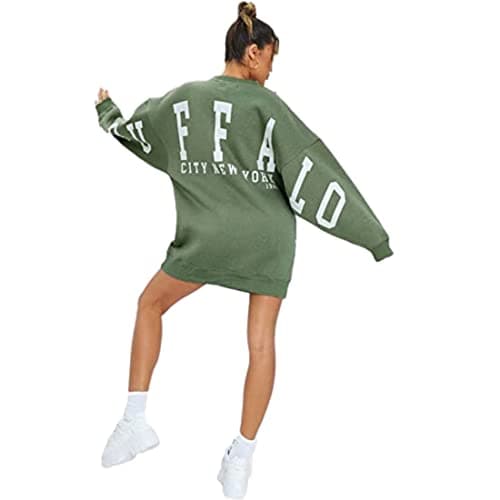 Image of REAL LIFE FASHION LTD Ladies Buffalo New York Slogan Long Sleeve Casual Crew Neck Sweatshirt Women’s Pullover City New York Buffalo Slogan Print Oversized Jumper Baggy Tops (Khaki, UK 16)