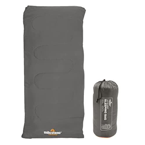 Image of Milestone Camping Rectangular Sleeping Bag for Adults & Kids | Insulated 2 Season for Camping, Hiking, Outdoor Holidays | Grey & Orange | Packs Down Tight | 170cm x 75cm