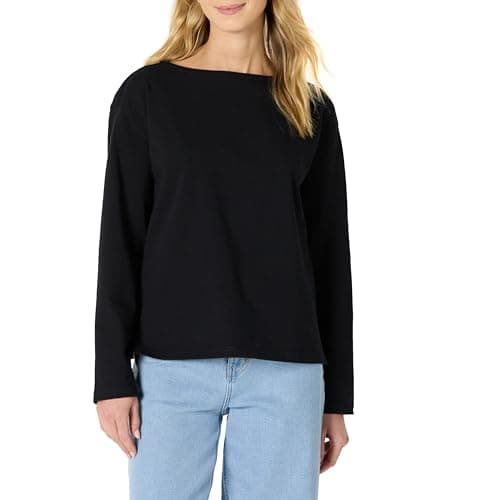 Image of Amazon Essentials Women's 100% Cotton Heavyweight Relaxed-Fit Long-Sleeve Boatneck Top, Black, XL