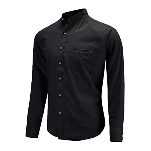 Image of Dioufond Mens Banded Collar Shirts Long Sleeve Grandfather Collar Shirts Black Mandarin Collar XL