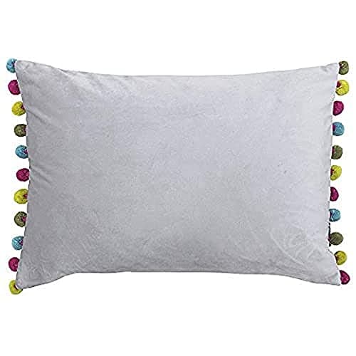 Image of Riva Paoletti Fiesta Rectangular Filled Cushion Silver-Bamboo Green Pompom Edges-Faux Velvet Fabric-Discreet Zip Closure-100 Case (14" x 20" inches), Polyester, Dove/Multi, 35 x 50cm