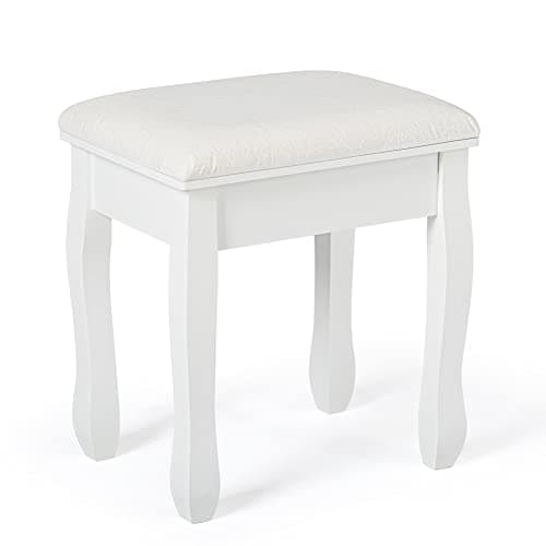 Image of Mondeer Dressing Table Stool, White Soft Padded Vanity Stool for Bedroom, Baroque Style Make up Chair, 41 x 30 x 45cm