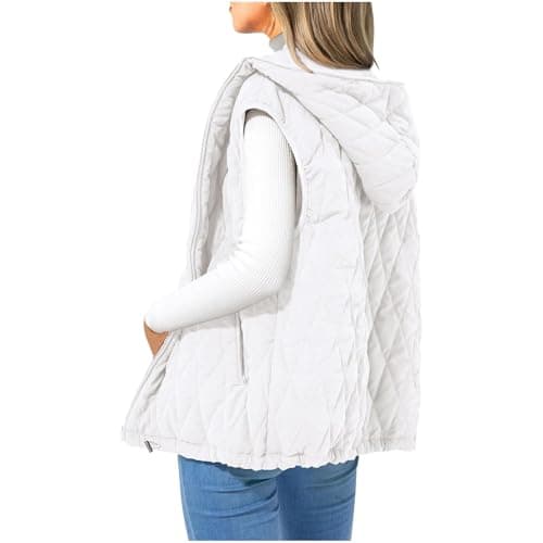 Image of NSICBMNO White Women's Gilets - Winter Jacket Women, Quilted Gilet Ladies Gillette Body Warmer Padded Waistcoat, Quilted Gilet With Hood, Full Zip Hoodie Sleeveless Jacket Down Coat Winter Outwear