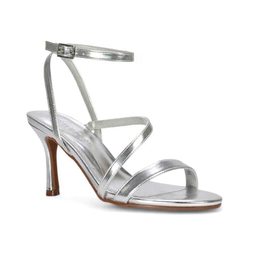 Image of ESSEX GLAM Women's Strappy Ankle Strap Heels Ladies Party Barely There Silver Metallic Stilettos Buckle Open Toe Shoes Size 6