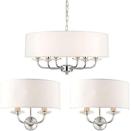 Image of 6 Bulb/Arm Ceiling Pendant & 2X Twin Wall Light Pack | Modern Bright Nickel & Vintage White Fabric Shade Set | Matching Indoor Lamp Fittings | Lounge Bedroom Hang Lighting Kit | LED & Dimmable