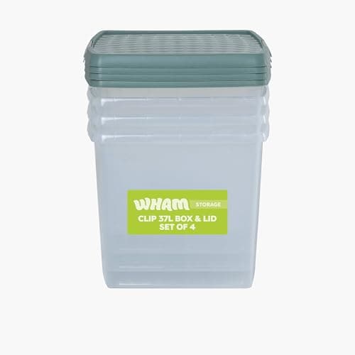 Image of Wham Clip 4 x 37L Square Stackable Plastic Storage Boxes with Lids | Ideal for Home, Office, Toys & More | Storage Containers with Clip Locks | Made in UK - Clear/Green Milieu