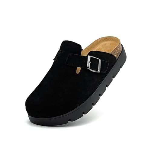 Image of xinlanlin Kids Suede Clogs Thick Sole, Boys Girls Cork Sandals Comfort Platform Classic Footbed Sandals, Toddler Slip-on Slippers Indoor Outdoor with Arch Support and Adjustable Buckle