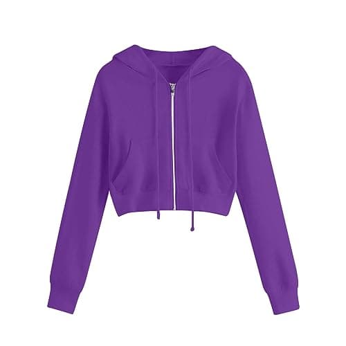 Image of Womens Zip Up Crop Hoodie Sweatshirts Zip Up Hoodie UK Cropped Sweatshirts Long Sleeve Pullover Solid Color Gym Running Sportswear Streetwear Trendy Y2K Loose Comfy Ladies Blouses Workout Going Out