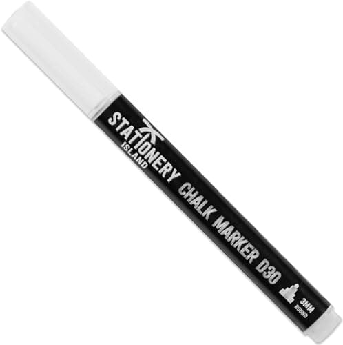 Image of STATIONERY ISLAND Chalk Pens D30 Pack of 1 White – 3mm Fine Bullet Nib. Dry Wipe Erase Liquid Chalk Marker. for Glass (Windows & Mirrors), Whiteboards, Signs and Non-Porous Blackboards
