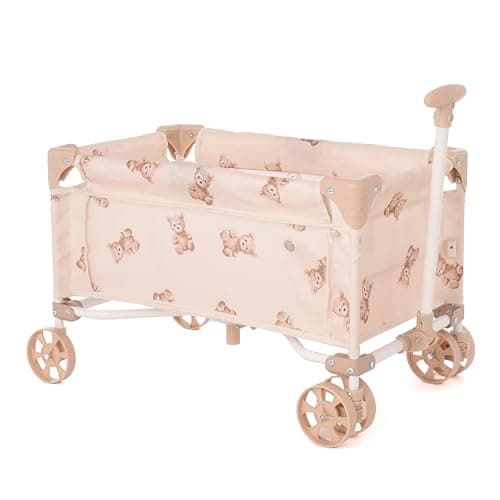 Image of Roma Teddy Toy Wagon with Adjustable Handle, Cute Cream and Teddy Pattern, Kids Toys Baby Doll Pram, Lightweight Foldable Seat for Dolls Up to 42cm, Indoor/Outdoor Play, Ages 3+