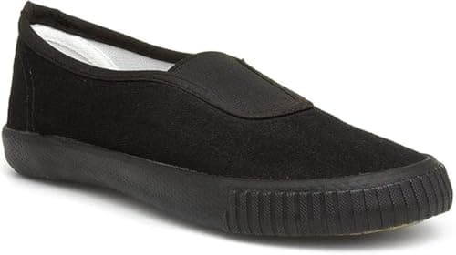 Image of Unisex Black Canvas Plimsolls – Kids Adults Slip-On Pumps Ideal for PE School Sport Gym Trainers (Adult 6)