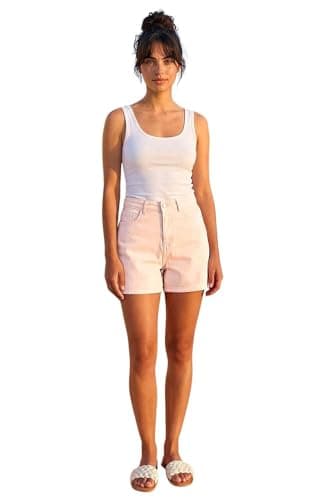 Image of Roman Denim Shorts with Pockets for Women UK Ladies Mom Jeans Boyfriend Boy High Waisted Turned Frayed Hem Stretchy Cotton Casual Slim Skinny Pants Mother Holiday - Light Pink - Size 14