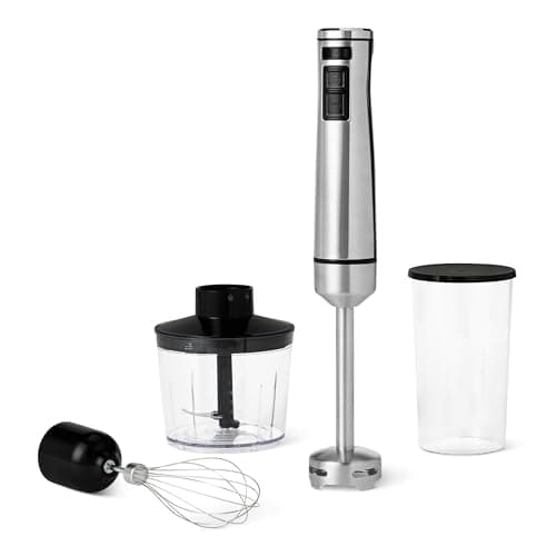 Image of Amazon Basics 1000 Watt Multi-Speed Immersion Hand Blender with Attachments, Corded, Silver