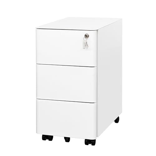 Image of LVSTEEL Lockable 3-Drawer Metal Filing Cabinet on Wheels, Fully Assembled Mobile Office Storage, Filing Cabinets for Home Office, Fits Under Desk, White