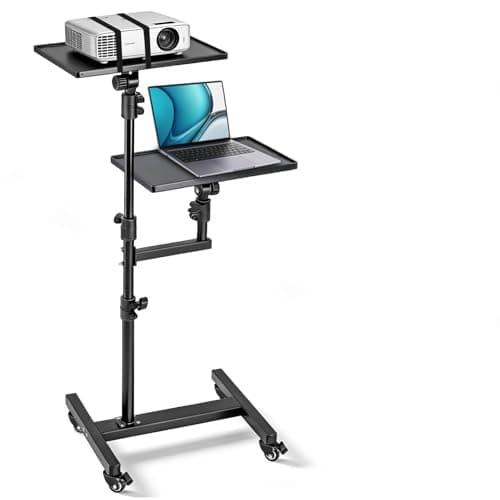 Image of CAHAYA Projector Stand Tripod Adjustable - Mobile Laptop Stand with 2 Shelves and Wheels 180°Tiltable Tray Adjustable Height from 75 to 161.5 cm Stable for Tablets Phones Book Laptop DJ Rack