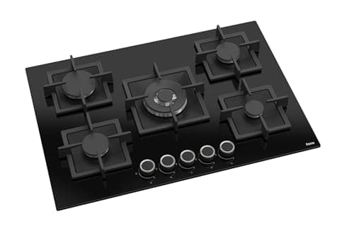 Image of Ferre SC035-75cm Built-in Gas Hob - 5 Burners - Black Glass - Cast Iron Pan Supports