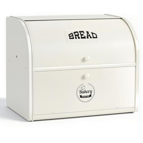 Image of Esilihom Extra-large Bread Bins, Cream Bread Bin with Roll Top Lid, 2-Layer Kitchen Storage Box for Loaves, Pastries, Cookies 40cm x 24cmx 32cm
