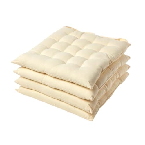 Image of HOMESCAPES Cream/Yellow Seat Pads for Dining Chair, Set of 4 100% Cotton Chair Pads with Straps, 40x40 cm