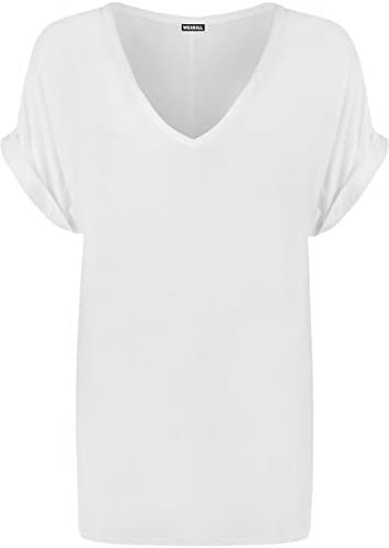 Image of WearAll Women's New Plus Size Womens Short Turn Up Sleeve Baggy Plain Top Ladies V-Neck T-Shirt - White - 24-26