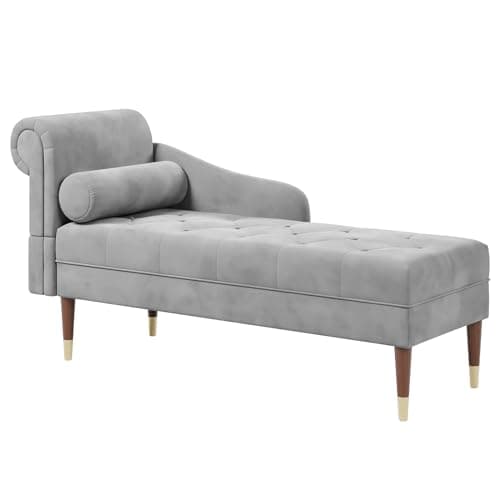 Image of Vesgantti Velvet Chaise Longue, Indoor Lounge Sofa with Left Armrest and Lumbar Pillow, Upholstered Chaise Lounge for Living Room Bedroom and Office, Tool-free Assembly(Grey)