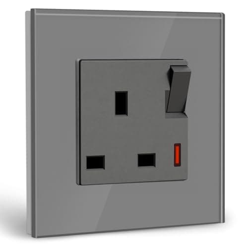 Image of BSEED Single Socket 13A with LED Indicator, Single Switched Wall Socket 1 Gang UK Standard, Electric Switched Plug Power Wall Outlet with Glass Panel, Grey