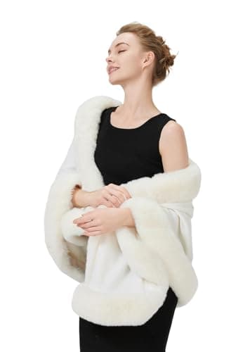 Image of BEAUTELICATE Faux Fur Shawl Winter Wedding Wraps Bridal Bridesmaids Stole Shrug Women Knitted Cape Cardigan(One Size, Ivory)