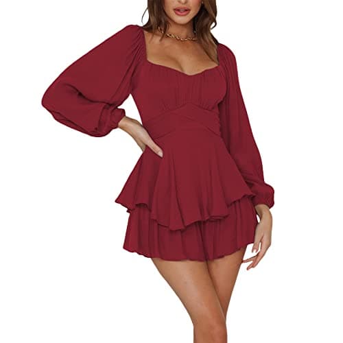 Image of Yoisdtxc Women´s Loose Shorts Jumpsuit Solid Color Lantern Long Sleeve Square Neck Ruched Ruffled Playsuit (Wine Red, L)