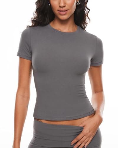 Image of INLYRIC Women's Summer Short Sleeve Tops - Cotton Trendy Cute Basic Casual Crew Neck Double Lined T Shirts Tees Tops Lava Smoke Grey 8