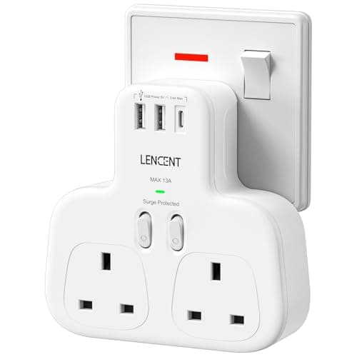 Image of LENCENT Double Plug Adaptor with 1 USB C and 2 USB Ports, Surge Protected Multi Plug Extension Socket, 2 Way Wall Plug Extender for Household Appliances, iPhone, Smartphones, Tablets, 13A 3250W